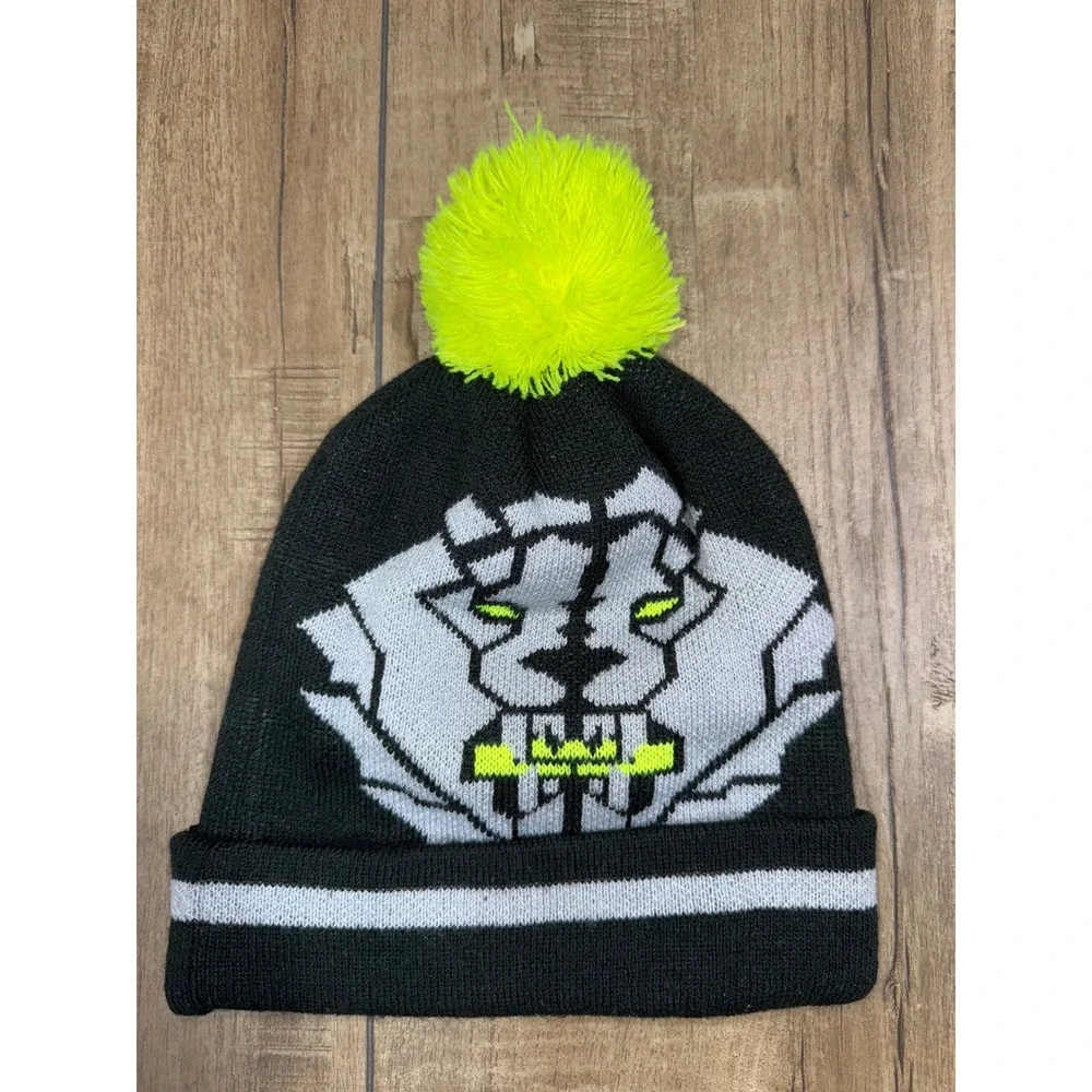 Nike Youth Beanie Hat Black Neon Green Pom Graphic Lion Design